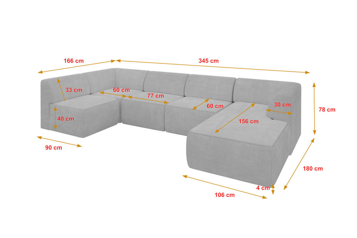 WOHNLANDSCHAFT Ottomane Rechts MOVO-L 345x180x78 cm Grau Cord - Grau, Holzwerkstoff/Kunststoff (180/78/345cm) - ALTDECOR