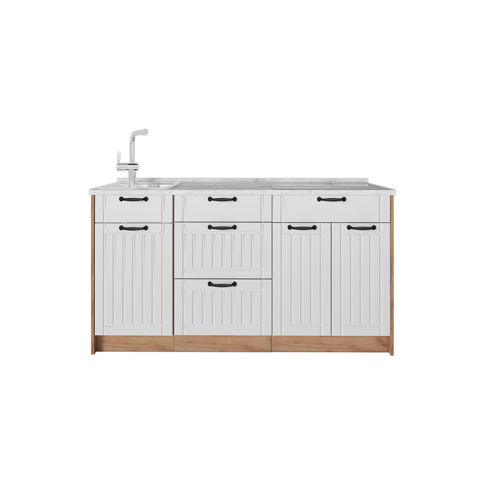 KÜCHENBLOCK Fame-Line, Weiß Landhaus/Goldkraft Eiche, 150 cm, AP Marmor - Honigeiche/Weiß, Holzwerkstoff (150/82/60cm) - Vicco