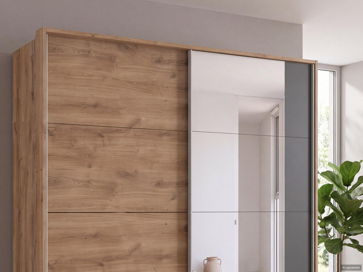 SCHWEBETÜRENSCHRANK 2-türig B183/H200/T65 cm, Passepartout-Kleiderschrank in Eiche Dekor mit Spiegel, 1x Tür & sichtbare Schubkästen in Grafit / 22713 - Eichefarben/Alufarben, Holz/Holzwerkstoff (183/200/65cm) - luma-home