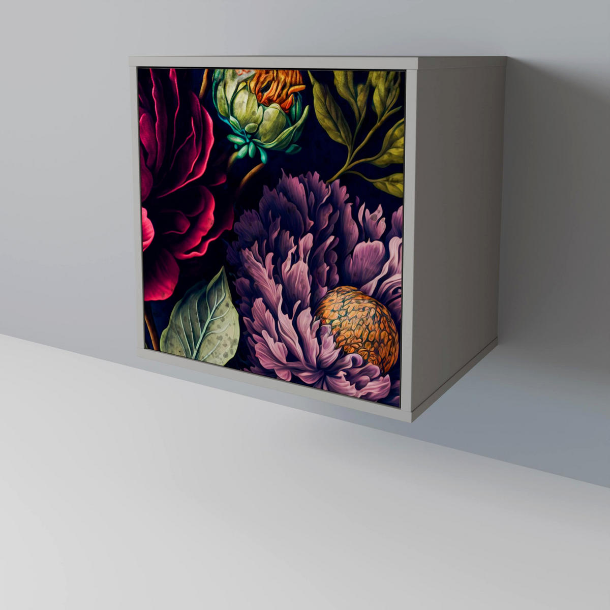 SIDEBOARD BLOOMING ELEGANCE, Grau, 57,5x42x72,5 cm, Schwarze Metallfüße - Multicolor/Schwarz, Holzwerkstoff/Metall (57.5/72.5/42cm) - SpaceRebels