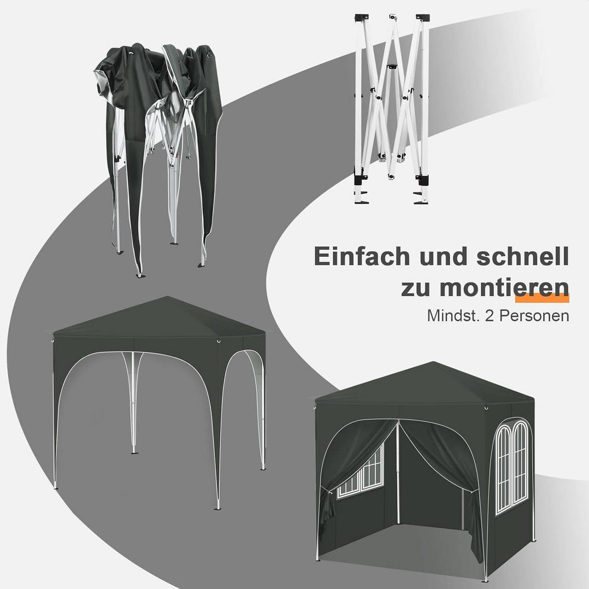 PAVILLON 2x2m mit 4 abnehmbaren Wänden, 3-stufig Höhenverstellbar - Grau, Metall (200/240/200cm) - Woltu