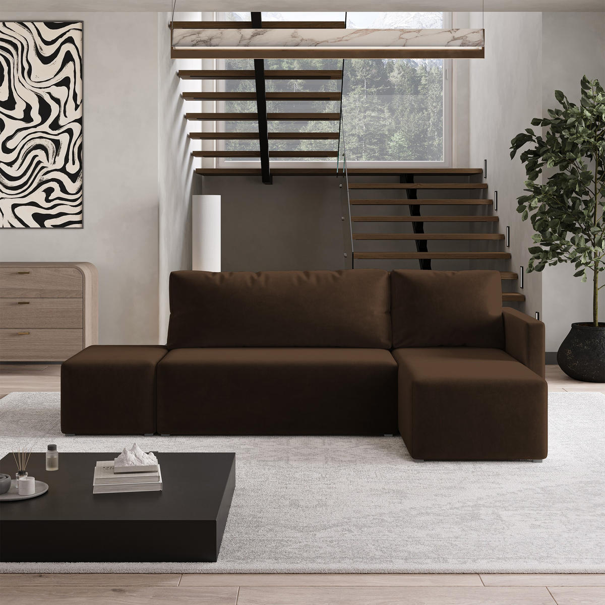 ECKSOFA VELOTTI R-S Braun Plüsch-Stoff mit Schlaffunktion - Braun, Holz (261/143cm) - MASSENO