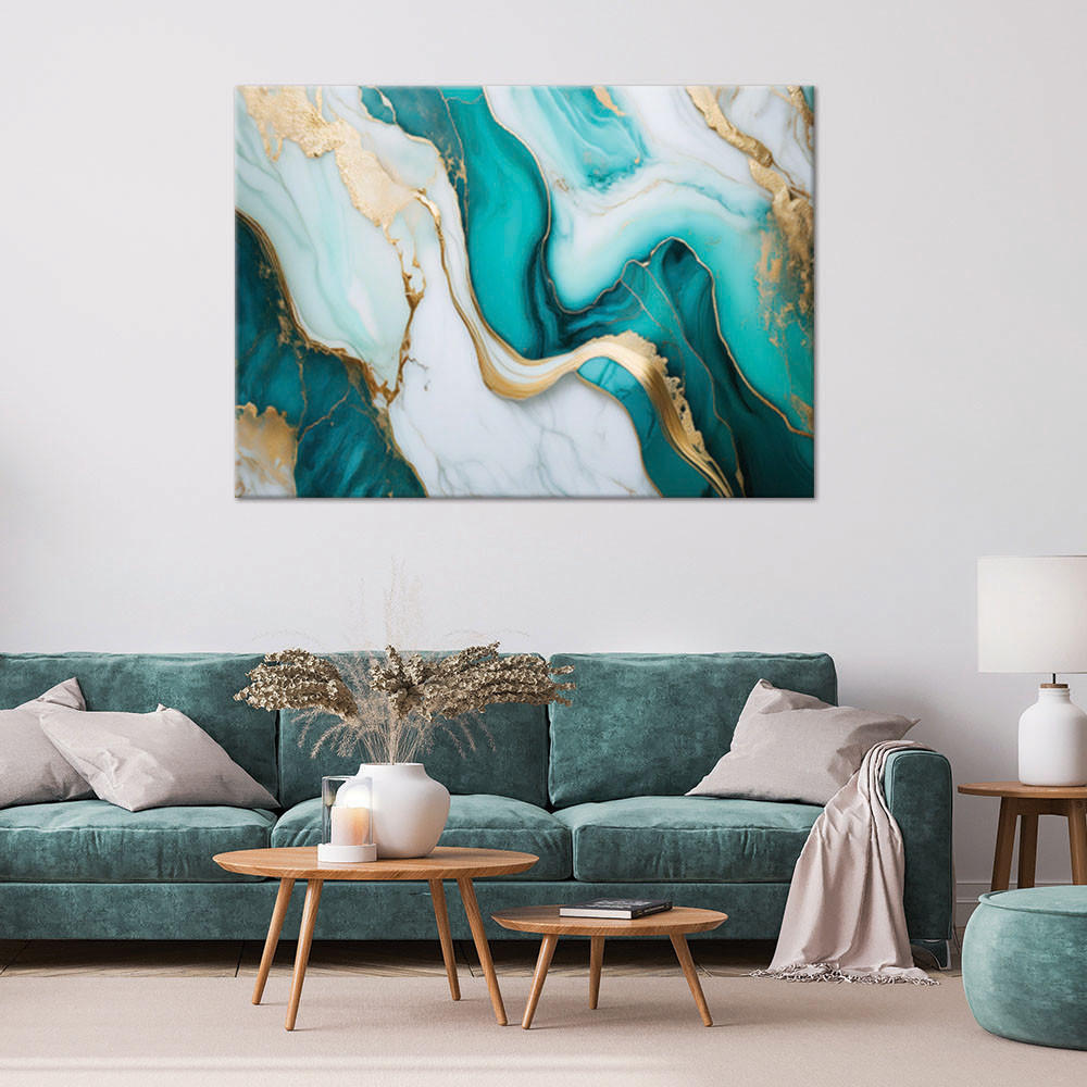 LEINWANDBILD Türkiser Marmorstein mit Gold 100x70cm - Türkis, Textil (100/70cm) - Feeby