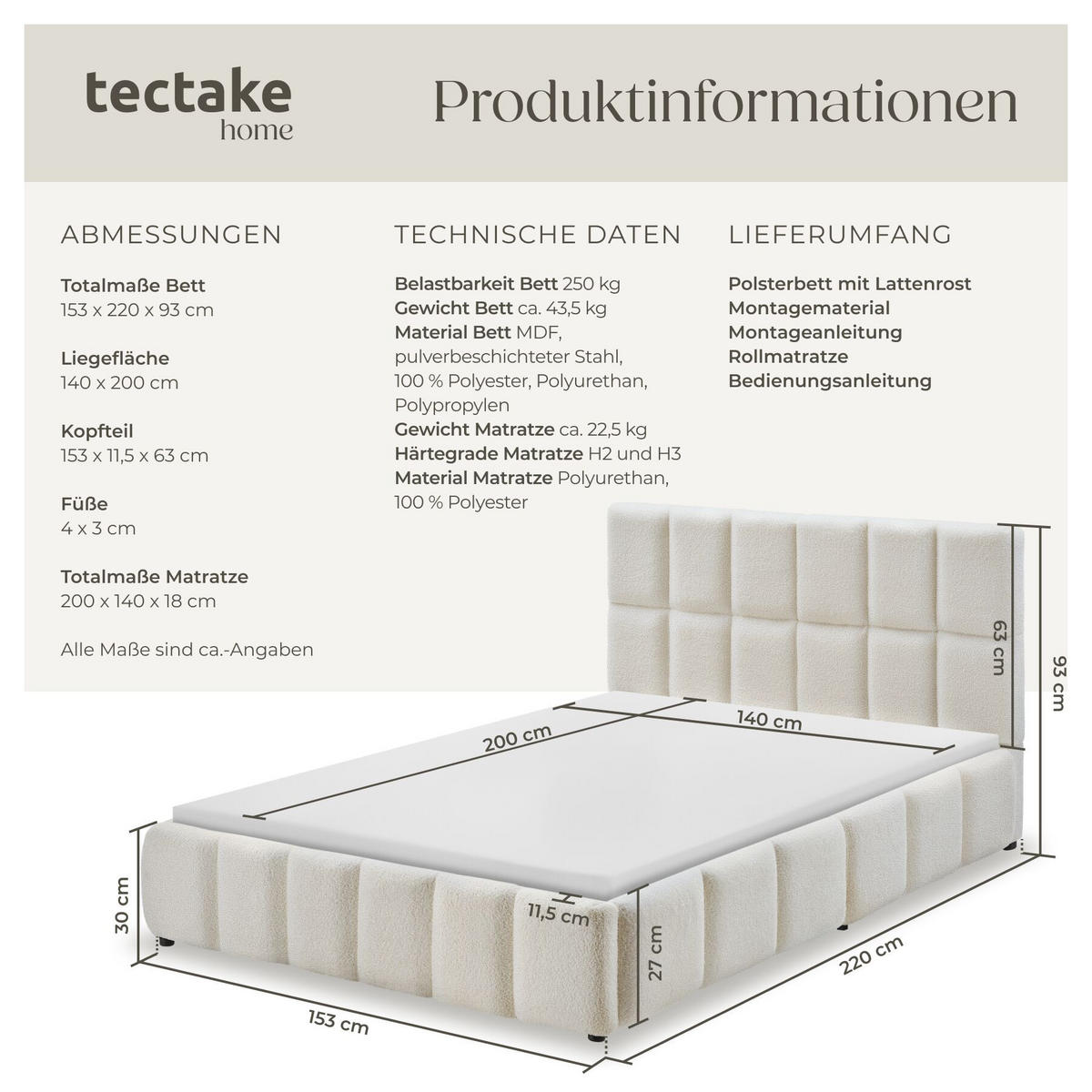 BETTSET , 250 kg Belastbarkeit, bodenschonende Kunststofffüße, Teddy creme - Creme, Holz (140/200cm) - tectake