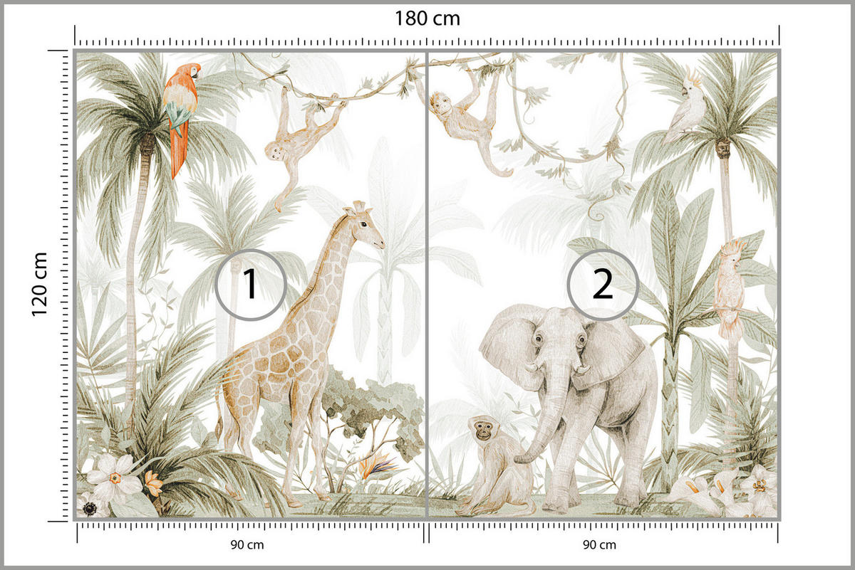 FOTOTAPETE für Kinder wilde TIERE tropische Pflanzen Retro 180x120cm - Beige/Rot, Papier (180/120cm) - Muralo