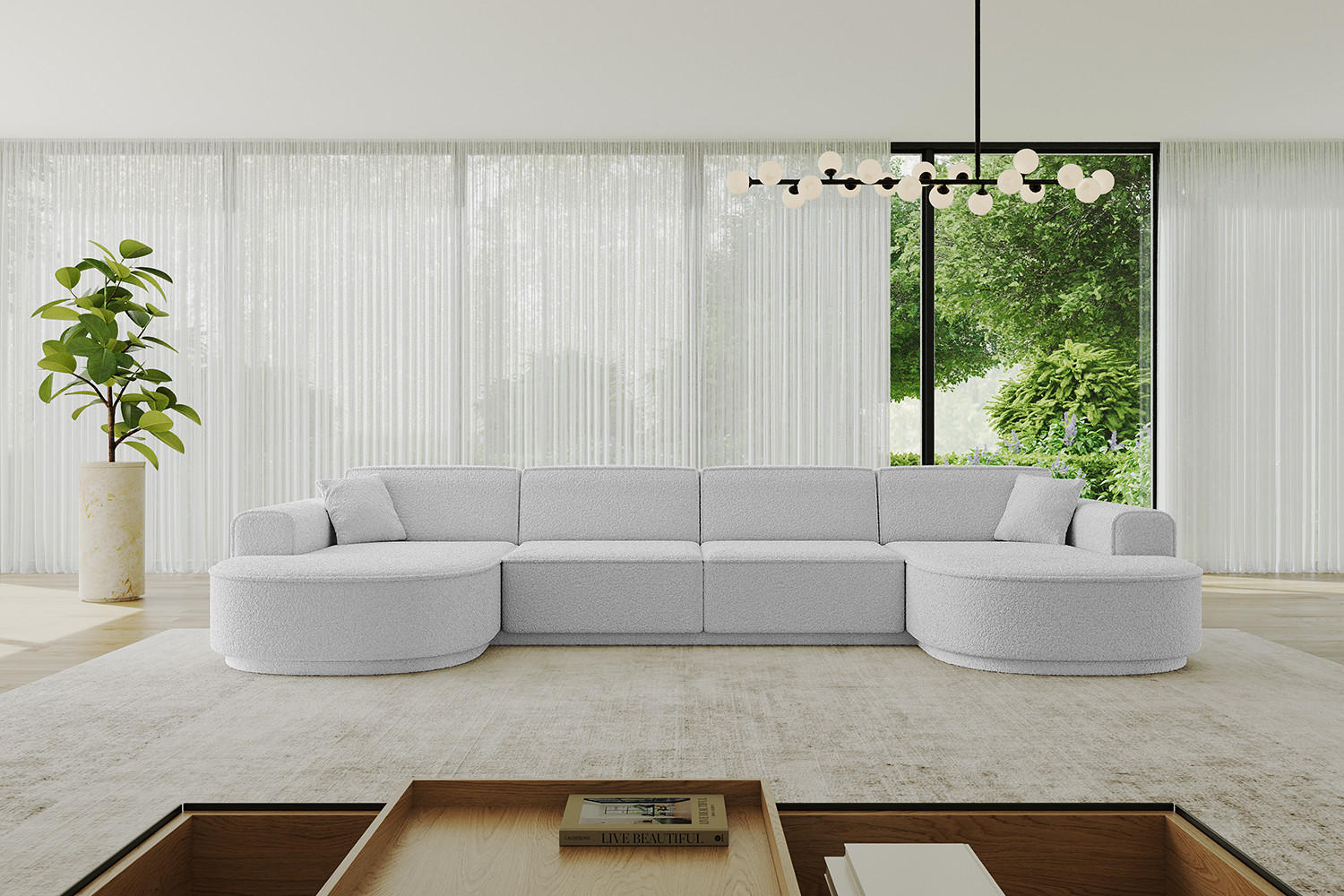 WOHNLANDSCHAFT MARI-U2-v3 - 388x171x83 cm Hellgrau Bouclé - Hellgrau/Schwarz, Holzwerkstoff/Kunststoff (388/83/171cm) - ALTDECOR