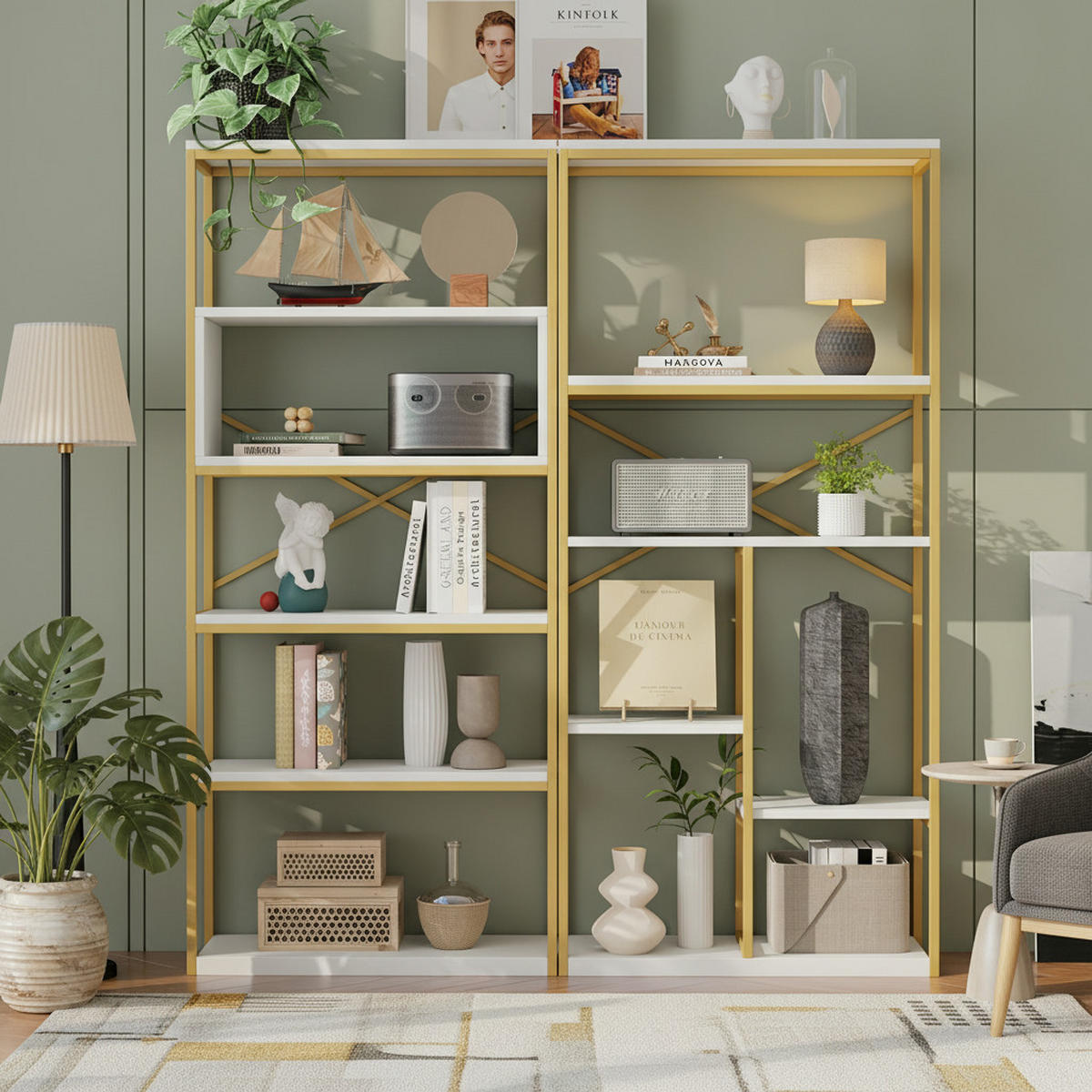 BÜCHERREGAL in Gold und Weiß Regal aus Stahlrohren und MDF mit Stauraumfächern für Wohnzimmer, B160/T29.5/H180 cm - Goldfarben, Holzwerkstoff/Metall (160/180/39.5cm) - STILVORA