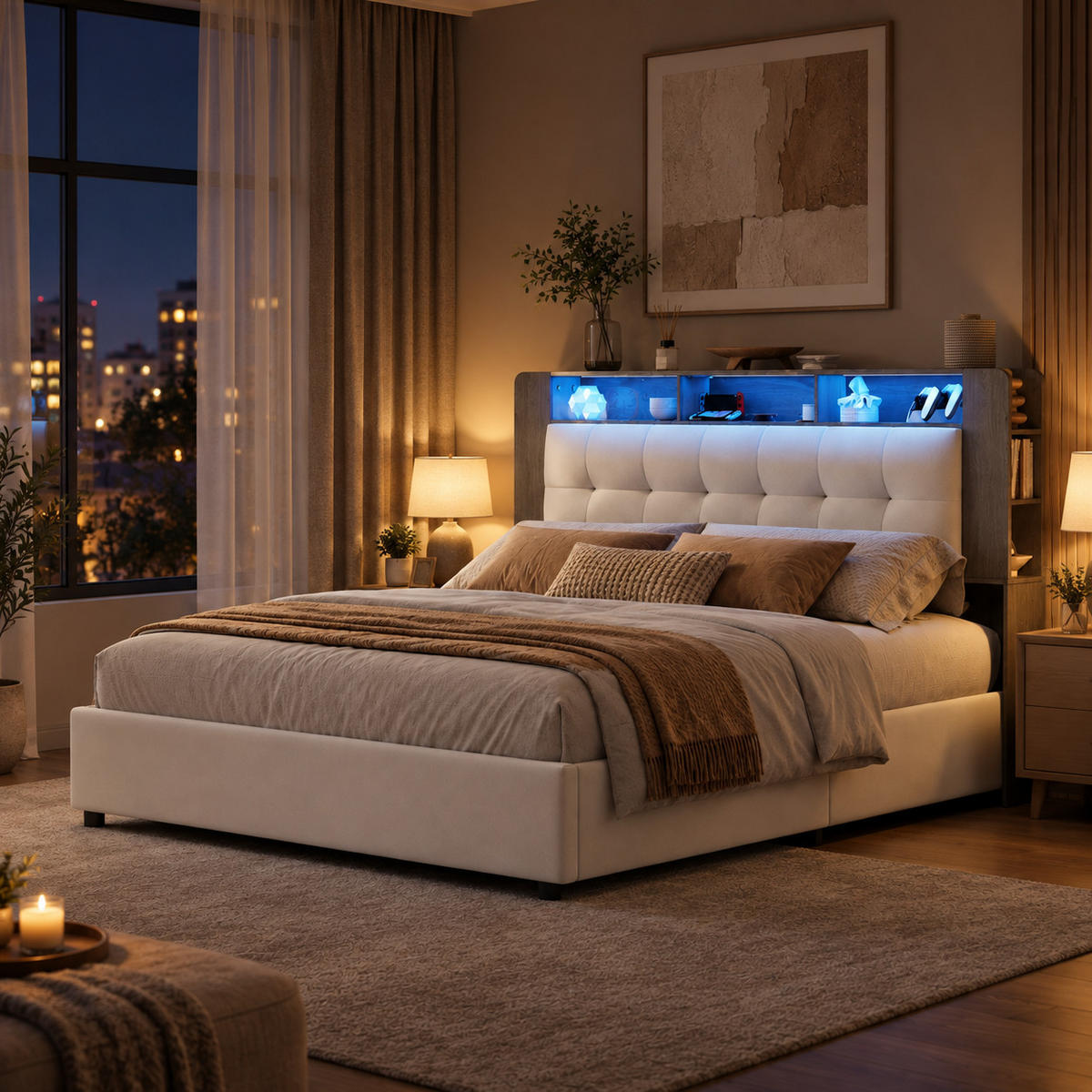 POLSTERBETT 140/200 cm mit Stauraum‑Kopfteil, RGB‑LED‑Beleuchtung & USB‑Anschluss, modernes Stoffbett - Beige, Holz/Metall (140/200cm) - Joyfair
