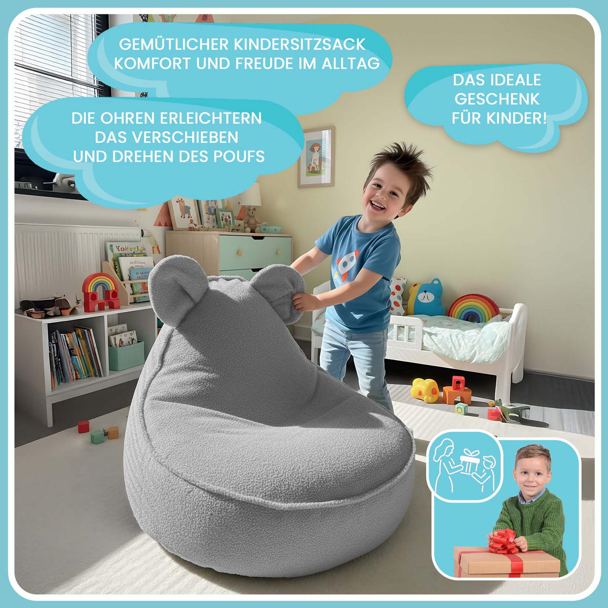 SITZSACK FÜR KINDER Maus 75/75/55 cm, weicher Bouclé 315 g/m², abnehmbarer Bezug, Pearl Grey - Hellgrau, Textil (75/55/75cm) - Dreamroots
