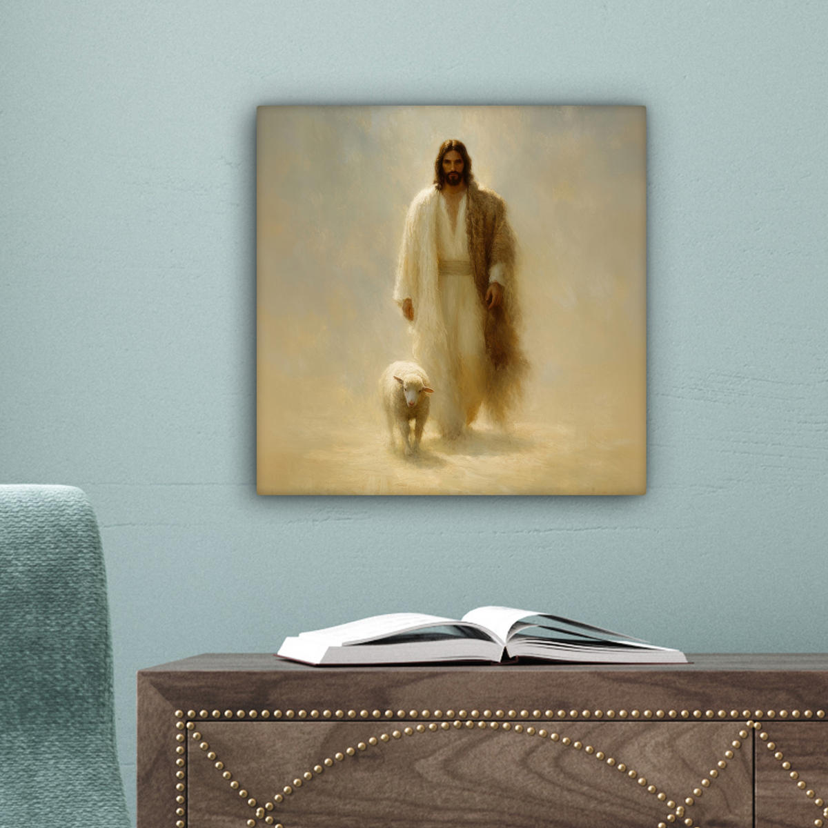 LEINWANDBILD Schaf - Jesus - Pinselstriche - Abstrakt Deko Wohnzimmer 20x20 cm - Sandfarben, Textil (20/20cm) - MuchoWow