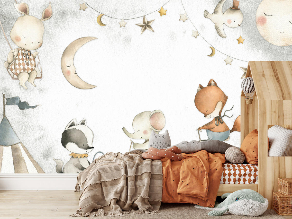 FOTOTAPETE für Kinderzimmer Zirkus Tiere Elefant Fuchs Monde Sterne 400x280 - Gelb/Beige, Papier (400/280cm) - Muralo