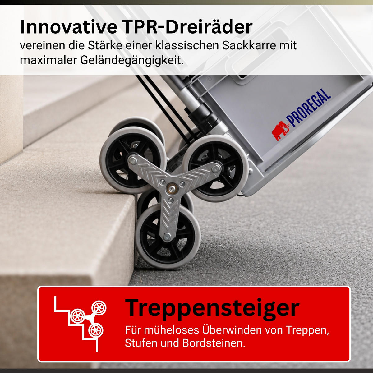 TREPPENSTEIGER Sackkarre Elephant klappbar 112x49x58cm Traglast 150kg AluminiumrahmenTRR Fachgummiräder Schwarz - Silberfarben, Metall (58/49/112cm) - PROREGAL