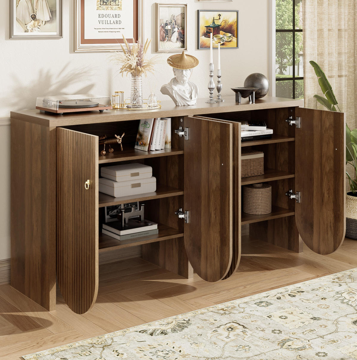 SIDEBOARD 147/40/80 cm in Walnussoptik mit 4 Türen und verstellbaren Einlegeböden - Walnussfarben, Holzwerkstoff (147/80/40cm) - Flora Grace