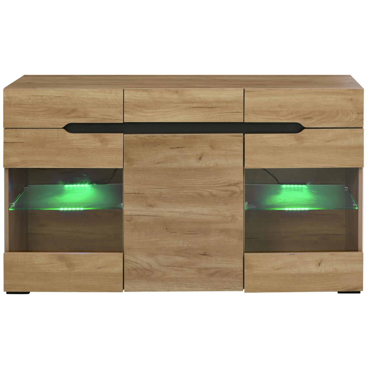 KOMODA 140/35/80 cm z LED osvetlitvijo, 3 vrati in 3 predali, hrastova - naravne barve, leseni material (140/80/35cm) - Redom