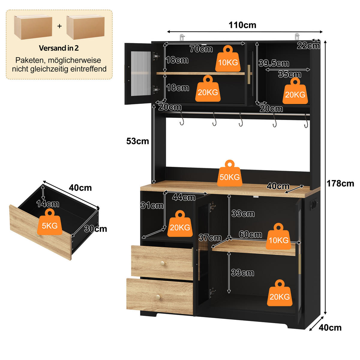 BUFFET 178 cm MDF Schwarz Holzoptik mit RGB-LED und Weinregal - Schwarz, Holzwerkstoff (40/178/110cm) - Korfee