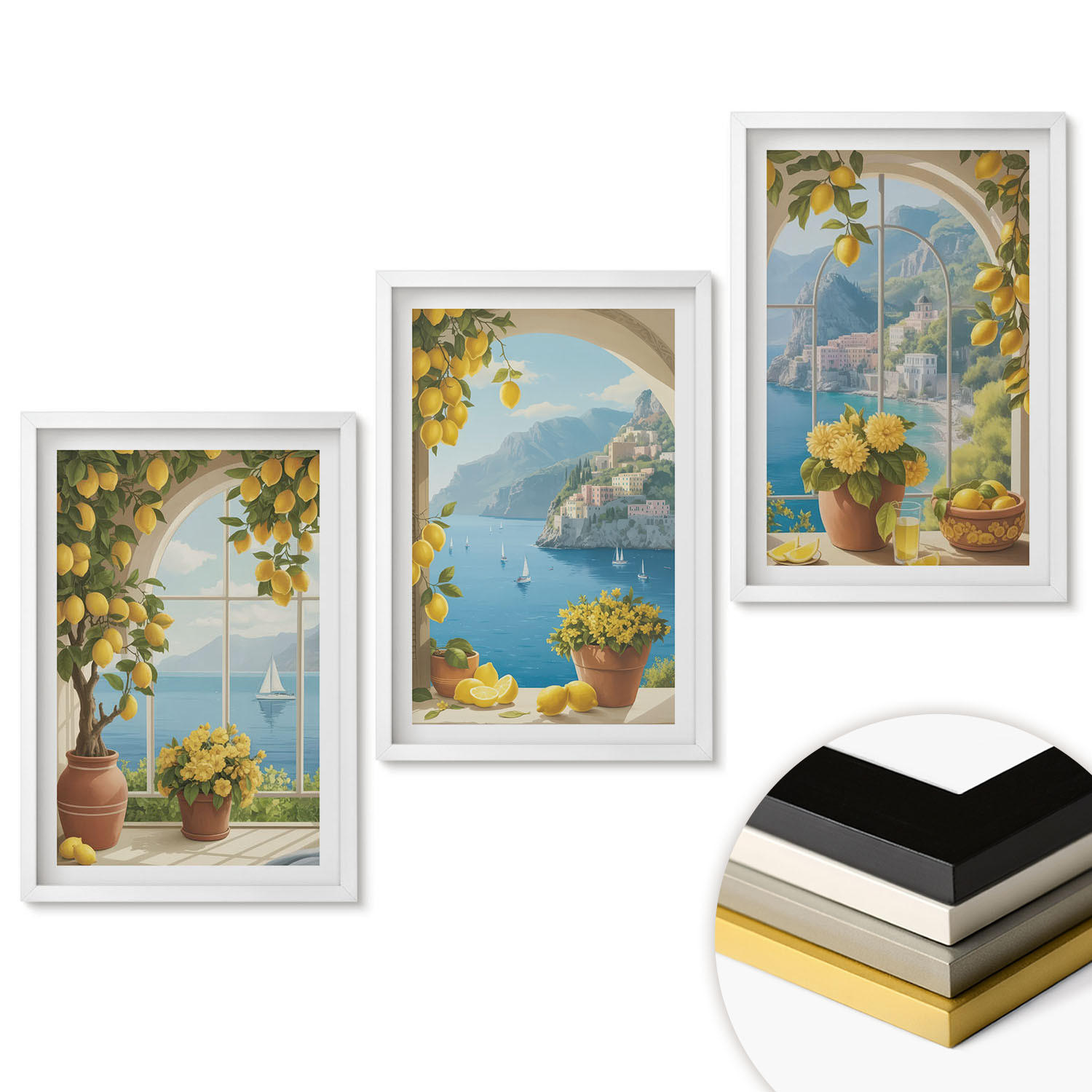 WANDBILDER 3er-Set - 40x60 cm Weißer Rahmen - Meereslandschaften, Zitronen, Fenster - Weiß, Kunststoff (40/60cm) - ArtPrintCave