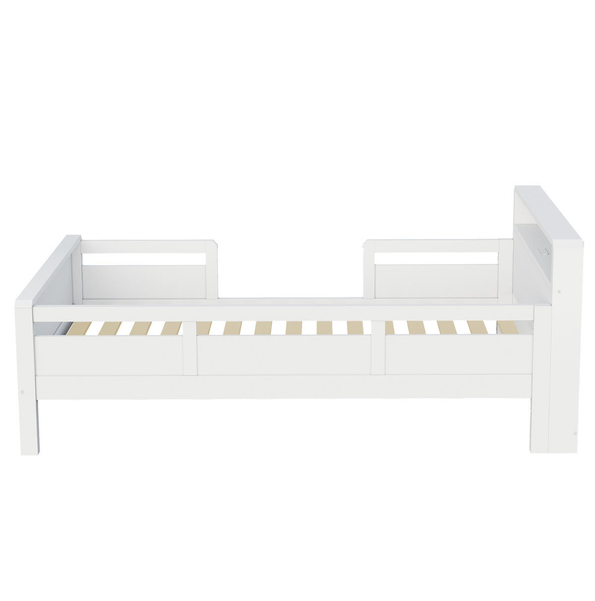KINDERBETT 90/200 cm weiß aus Kiefernholz mit Ablage, LED und USB-/Type-C-Anschluss - Weiß, Holzwerkstoff (90/200cm) - OKWISH