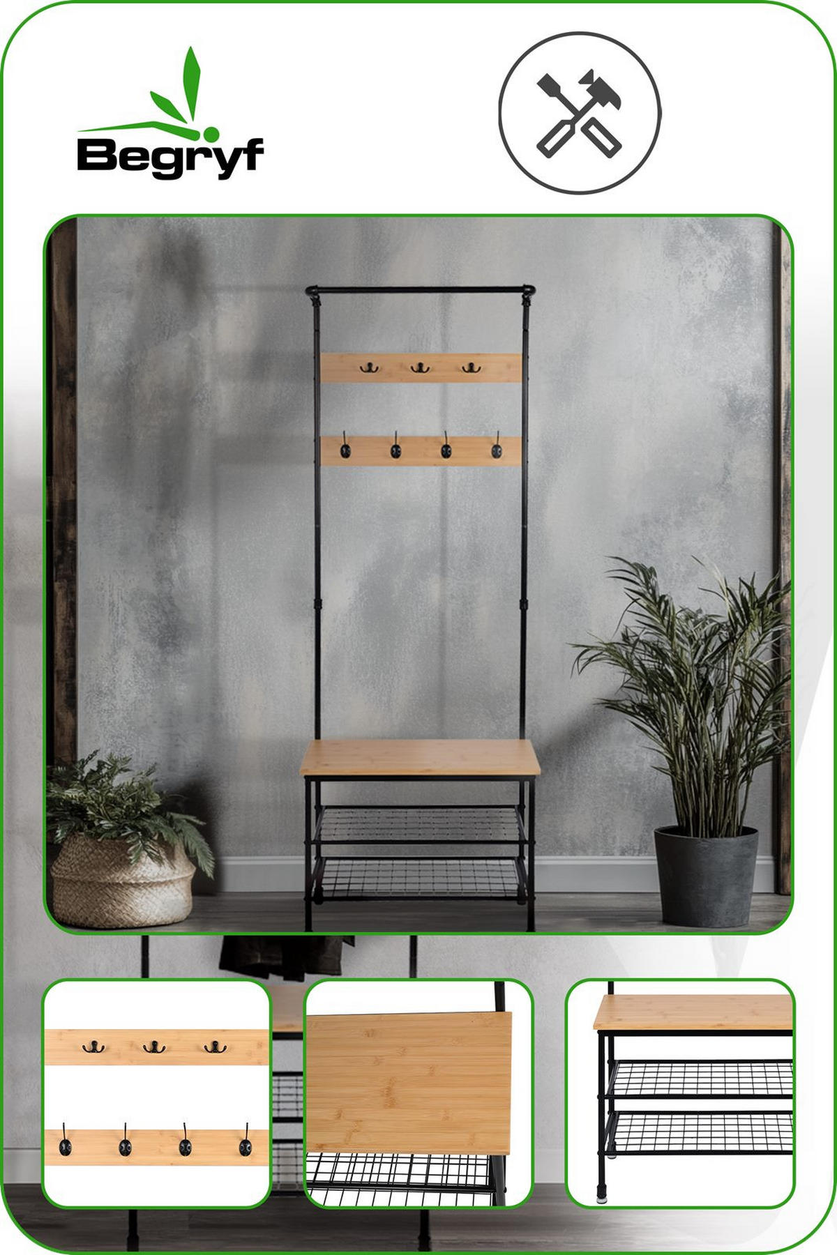 GARDEROBENSTÄNDER Bambus Metall Holzoptik mit Bank 66×32×186 cm - Schwarz/Naturfarben, Holzwerkstoff/Metall (66/183/32cm) - Begryf