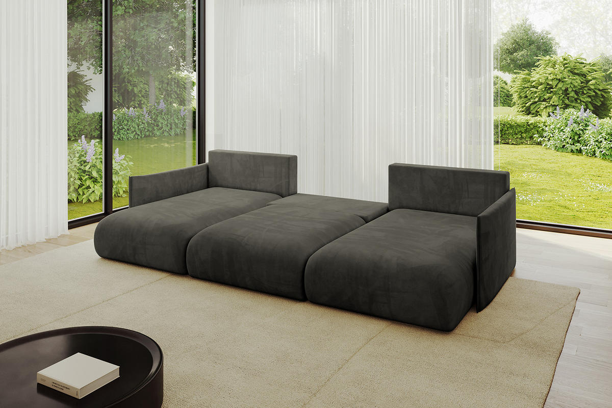 WOHNLANDSCHAFT mit Schlaffunktion und Bettkasten ONESK-U 317x177x72 Schwarz Velours - Schwarz, Holzwerkstoff/Kunststoff (317/72/177cm) - ALTDECOR