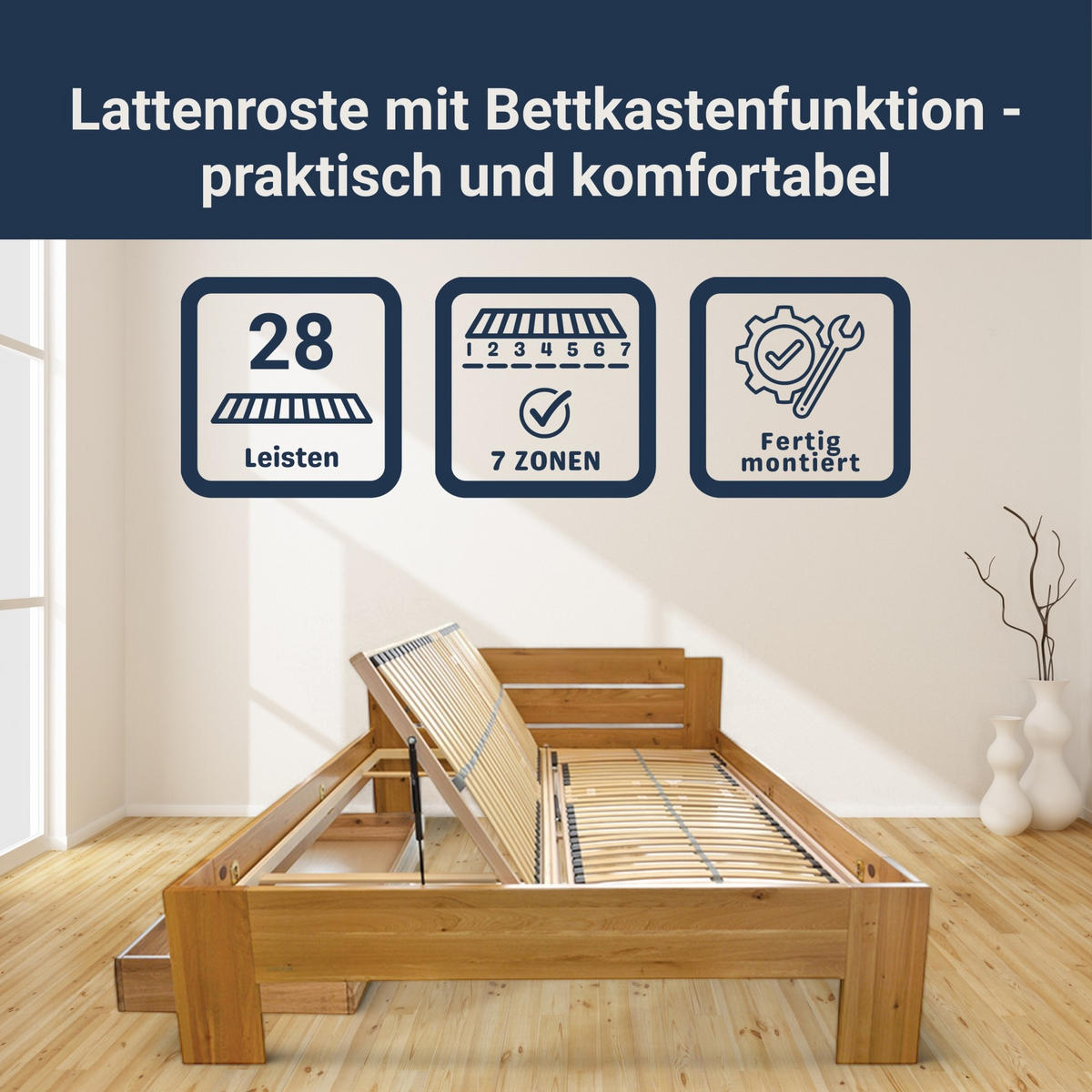 LATTENROST Madera Lattenrost für Bettkastenfunktion – 7-Zonen, 28 Federleisten, Birkenschichtholz - Weiß, Holz (140/220cm) - Betten-ABC