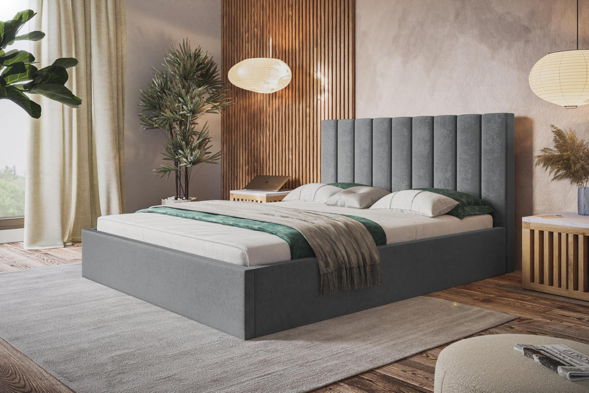 BETT 180x200 - Polsterbett mit Bettkasten und Metallrahmen - Modern Betten - Weicher Jasminstoff - Kollektion Sapporo - Grau - Grau, Holz/Textil (180/200cm) - Alpi-Möbel