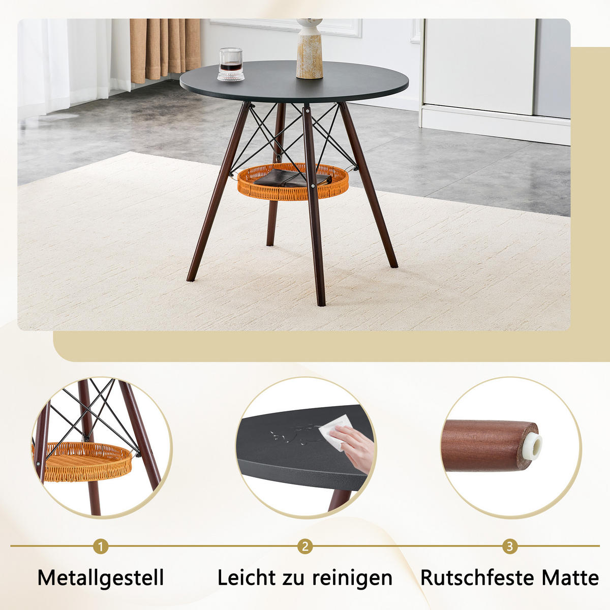 ESSTISCH in Eichefarben|Schwarz Küchentisch mit MDF-Tischplatte, Massivholzbeinen und geflochtener Ablage, B80/T80/H71.5cm - Eichefarben/Schwarz, Holzwerkstoff/Metall (80/80/71.5cm) - STILVORA
