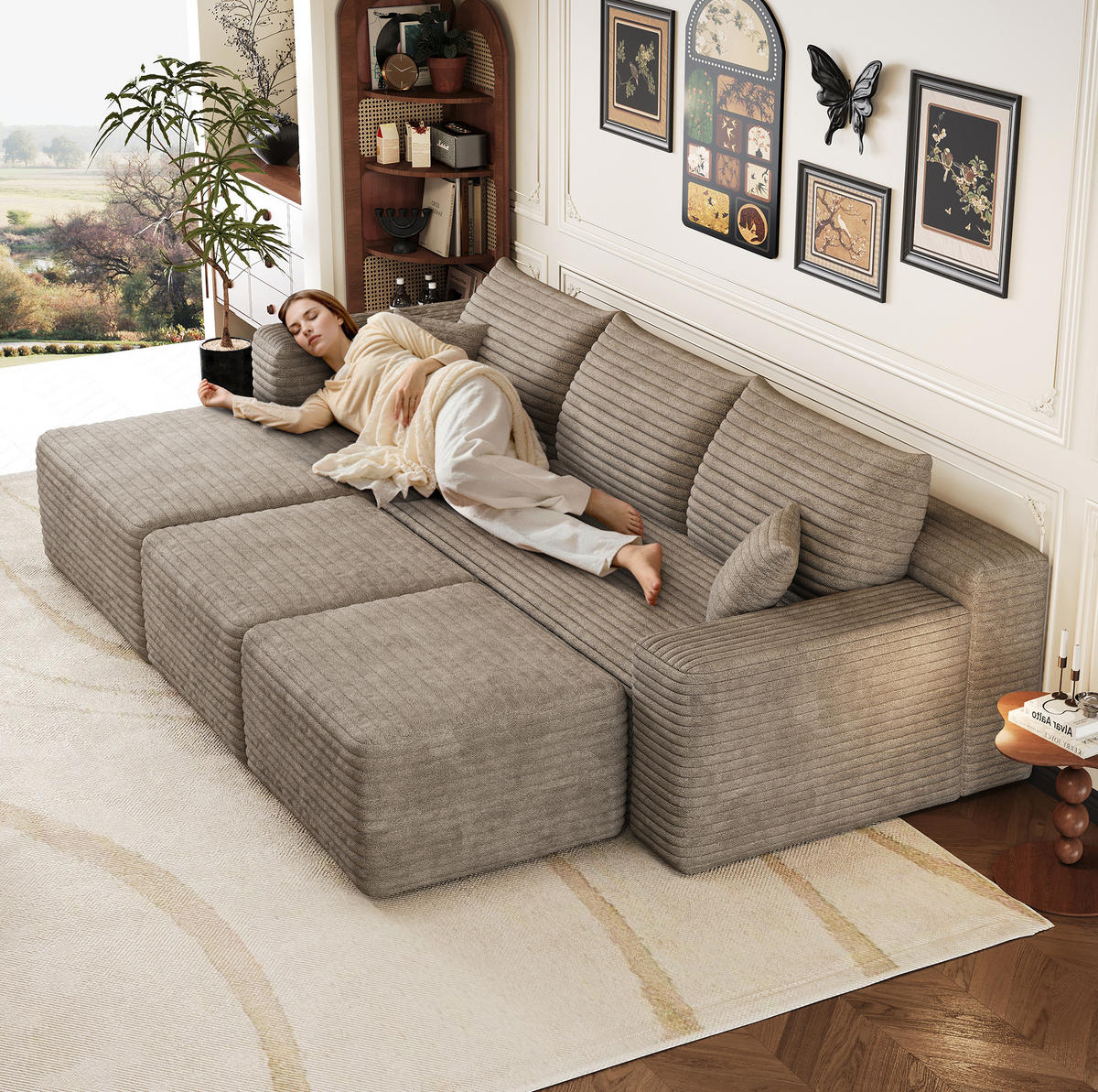 ECKSOFA 241/151/58 cm camel aus Stoff mit Chaise longue ohne Montage - Hellgrau, Textil (151/241cm) - OKWISH