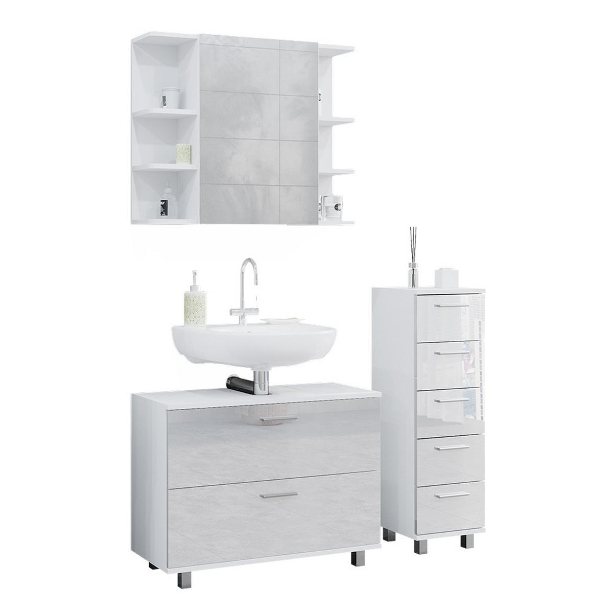 BADMÖBEL-SET Ilias Weiß Hochglanz 3 Teile, mit Unterschrank 80 cm - Weiß Hochglanz, Holzwerkstoff (80/60/33cm) - Vicco