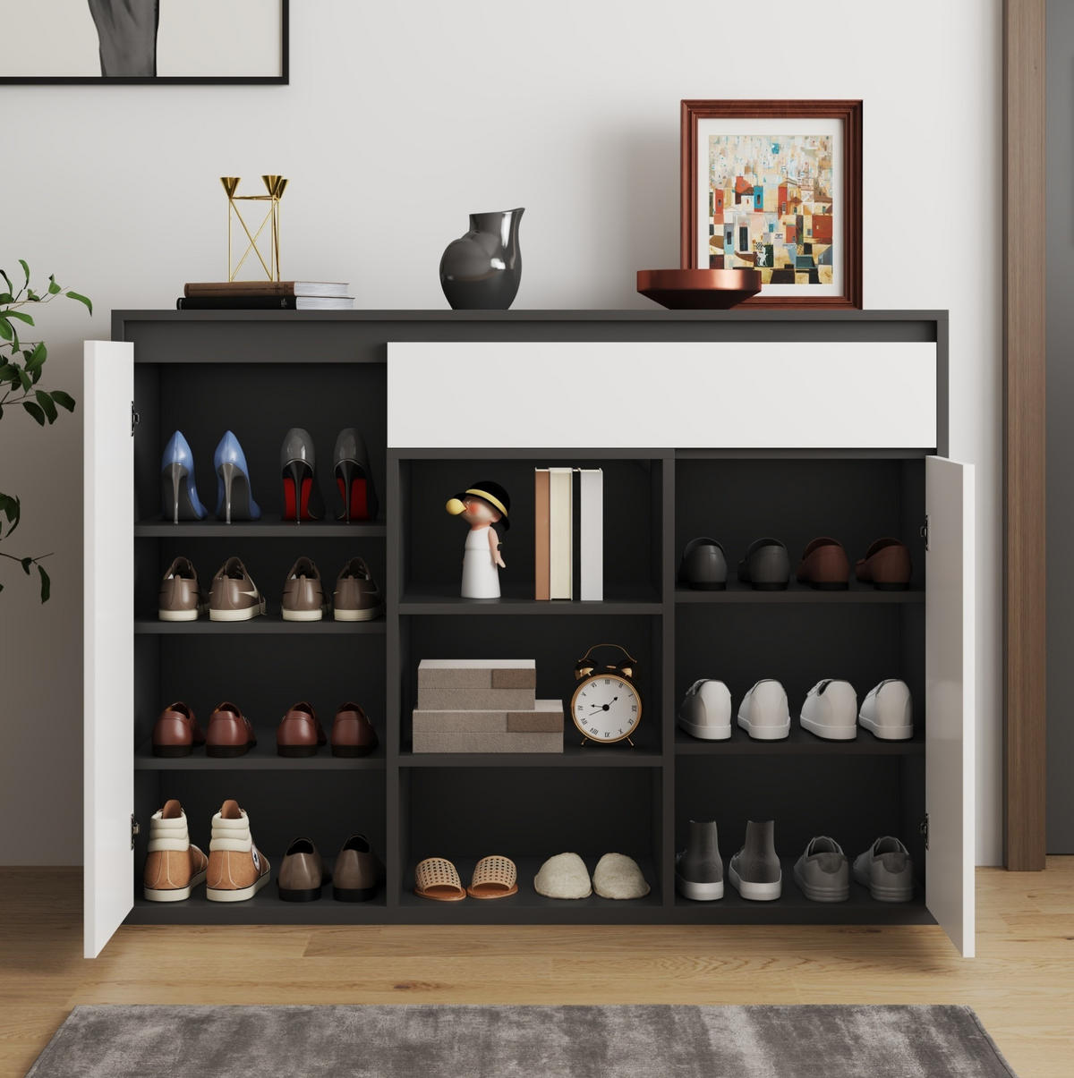 SCHUHSCHRANK aus Spanplatte 105x39,5x86cm in Schwarz-Weiß mit LED - Weiß, Holzwerkstoff (105/86/39.5cm) - Modfu