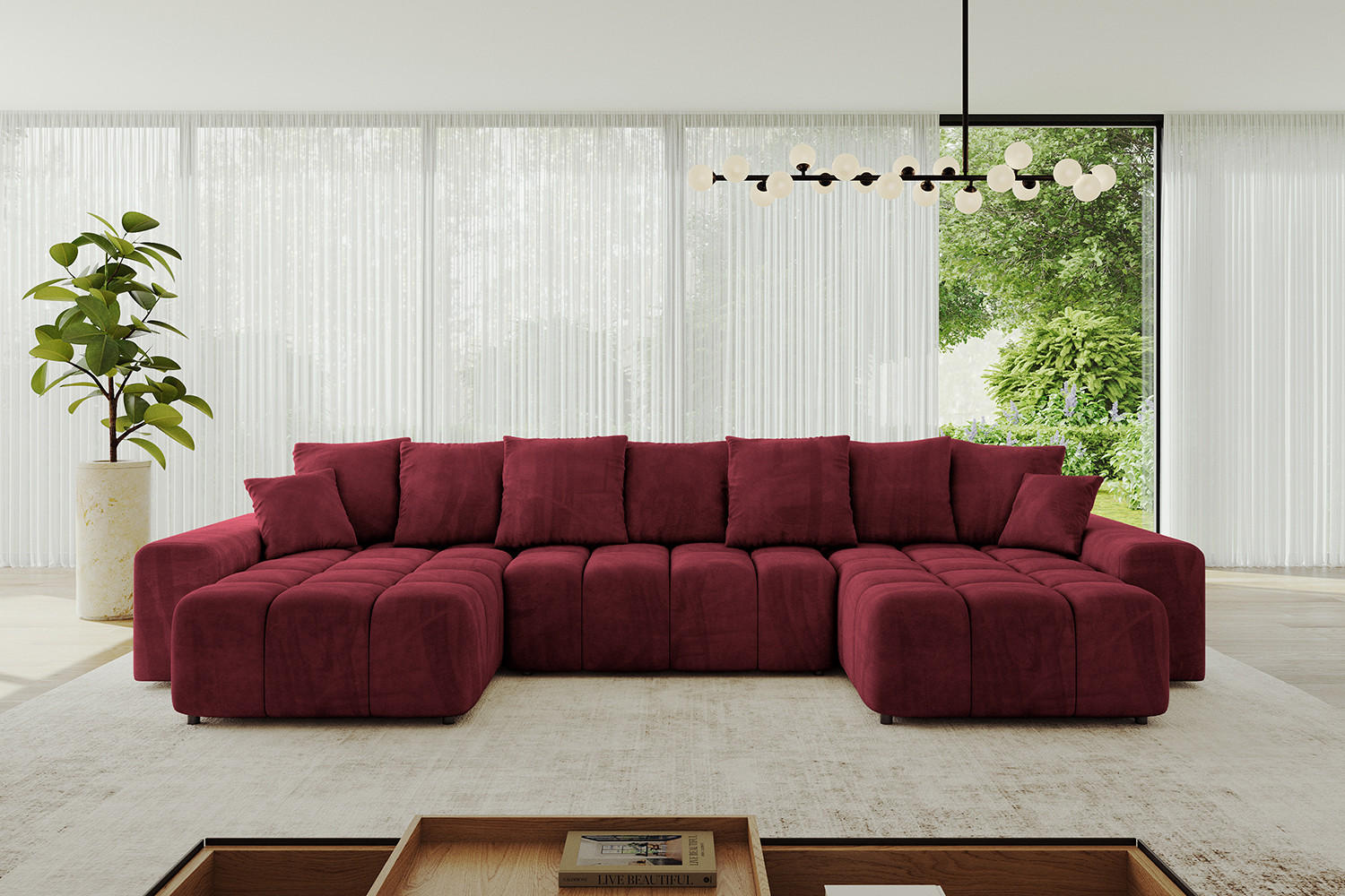 WOHNLANDSCHAFT ENIL-U 390x175x84 Bordeaux Velours - Bordeaux, Holzwerkstoff/Kunststoff (390/84/175cm) - ALTDECOR