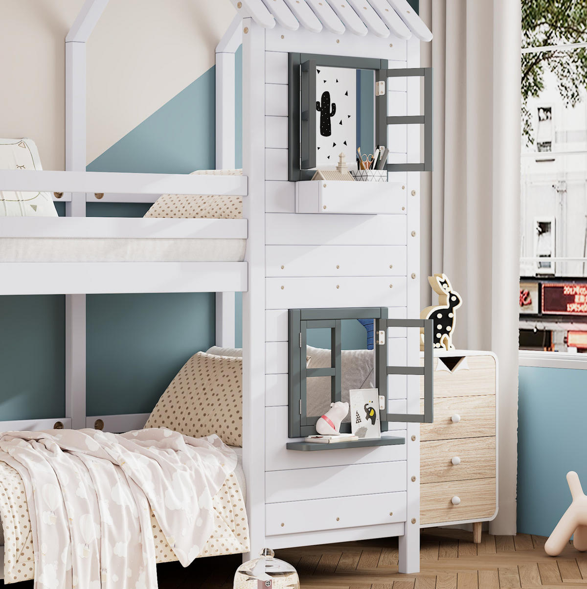 POSCHODOVÁ posteľ 90/200 cm biela/sivá s oknami a zábradlím z masívu a MDF - biela, kompozitné drevo (90/200cm) - OKWISH