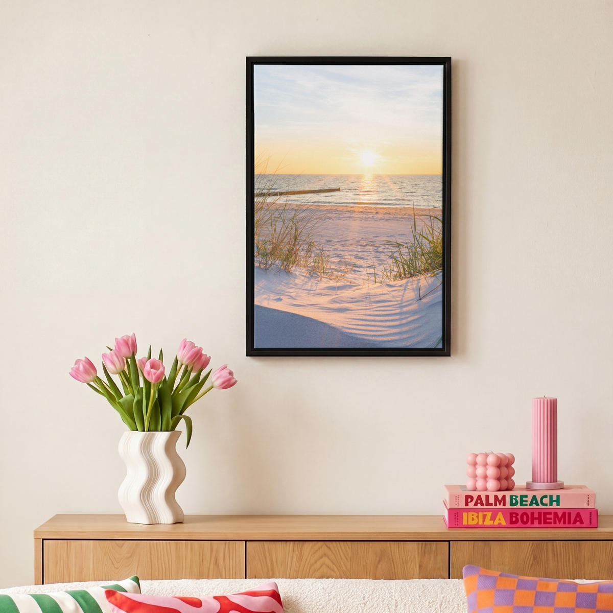 LEINWAND Bilder mit Rahmen - Strand - Sonne - Düne - Gras - Sand - Horizont - 20x30 - Hellblau, Textil (20/30cm) - MuchoWow