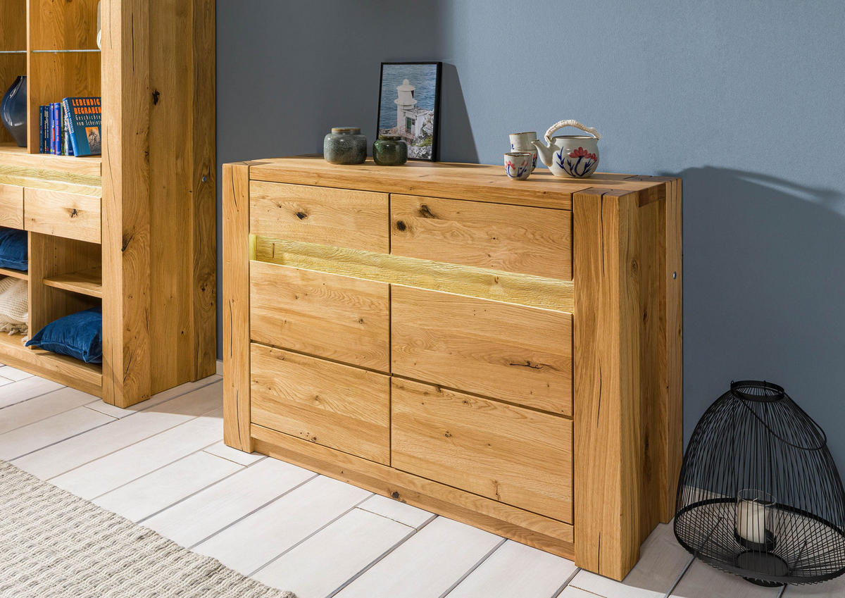 SIDEBOARD Wildeiche 123x40x85 natur geölt KENT #130 - Braun, Holz (123/85/40cm) - Massivmoebel24
