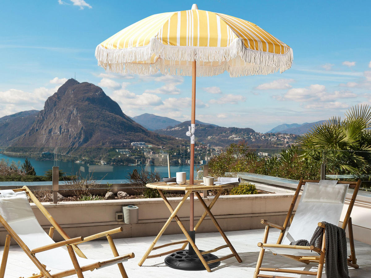SONNENSCHIRM gelb/weiß mit Volant 150 cm Mondello - Hellbraun/Gelb, Textil (150/150cm) - Beliani