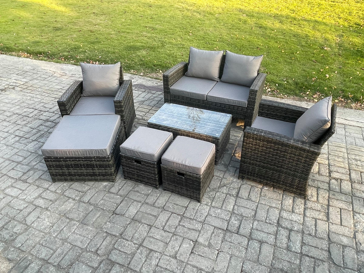 GARTENMÖBEL-SET mit Kissen Polyrattan Dunkelgrau 7-Sitzer - Dunkelgrau, Metall - Fimous