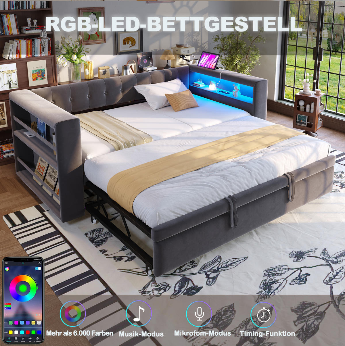 POLSTERBETT 90/180 x 190 cm aus Flannelette mit LED und Stauraum Dunkelgrau/Hellgrau - Dunkelgrau, Textil (90/180cm) - Modenvie