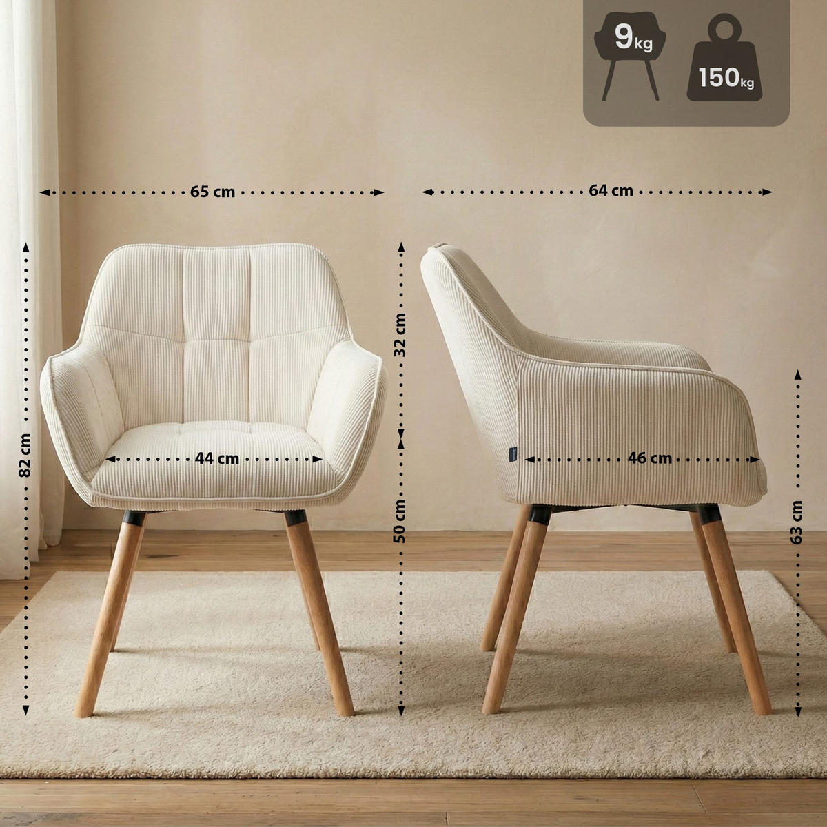 ARMLEHNENSTUHL Cord Creme - Eukalyptusholzfarben/Creme, Holz/Textil (65/82/64cm) - CLP