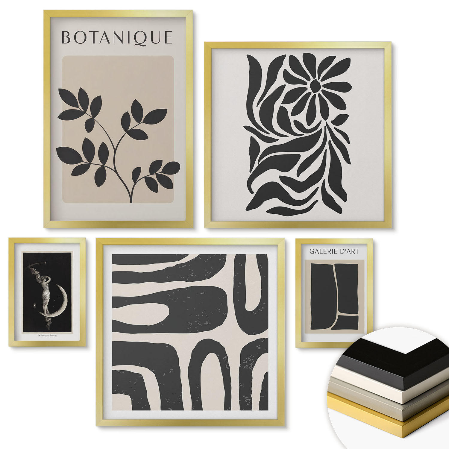 WANDBILDER 5er Set - 50x50 cm & 20x30 cm & 40x60 cm Goldrahmen - Abstrakte Pflanzenmuster - Goldfarben, Kunststoff (40/60cm) - ArtPrintCave