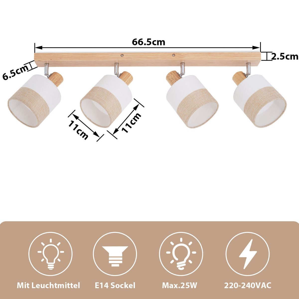 DECKENSTRAHLER Leniq 16/13/68 cm - Beige, Holz (68/16/13cm) - ZMH