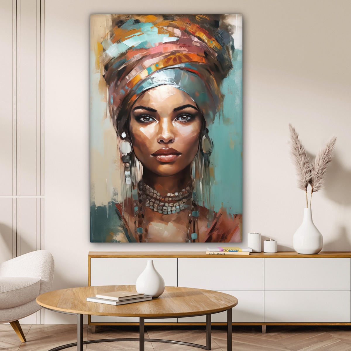 LEINWANDBILD Frau - Kunst - Schmuck - Porträt 90x140 cm - Blaugrau, Textil (90/140cm) - MuchoWow