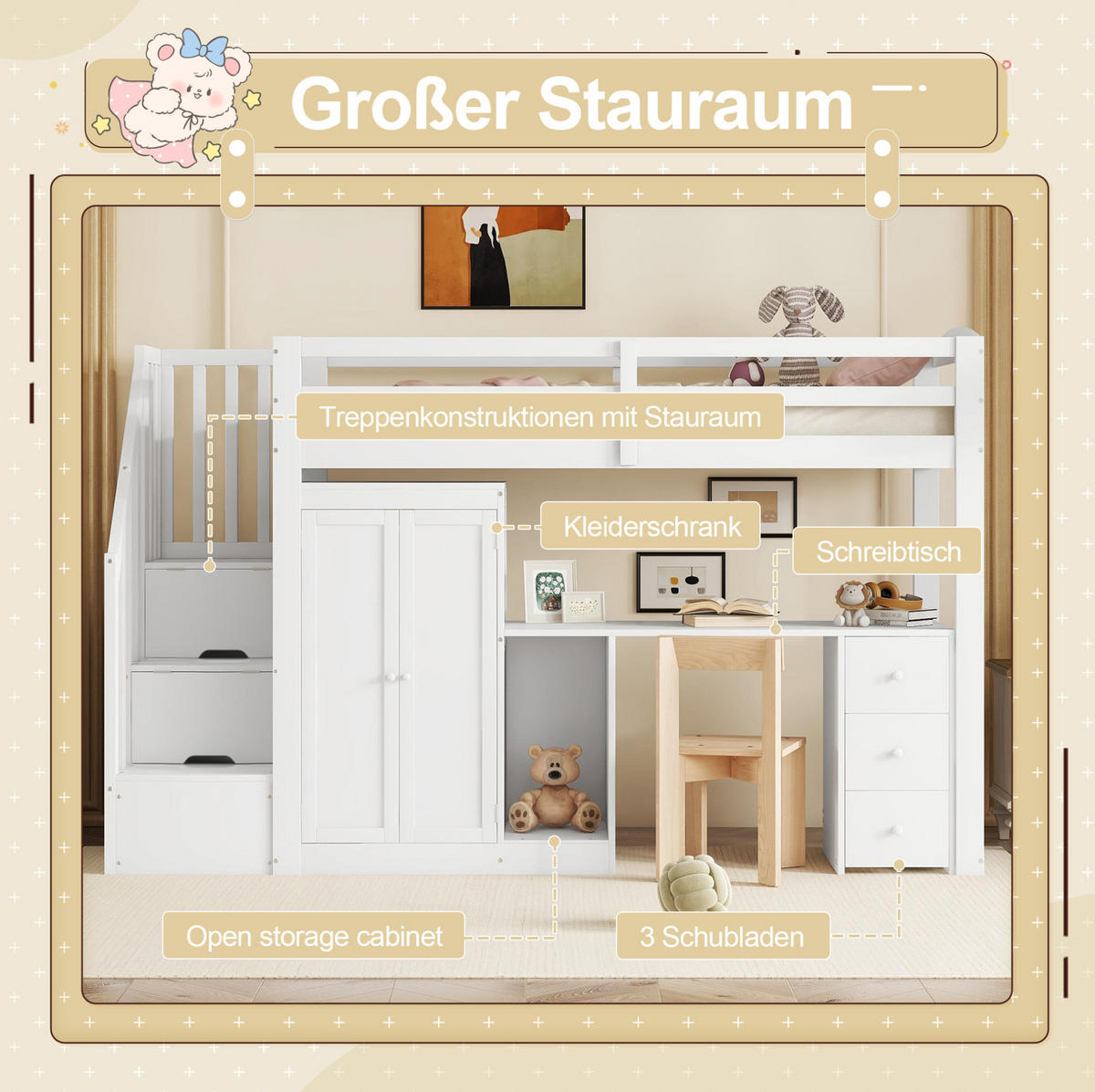 HOCHBETT 90/200 cm in Weiß mit Schreibtisch, Kleiderschrank und Stauraumtreppe - Weiß, Holzwerkstoff (90/200cm) - Flora Grace