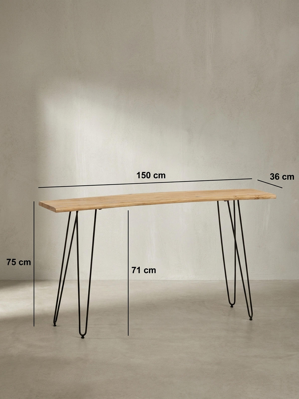 SCHREIBTISCH – Massivholz/Metall, 150x36x75 cm, Baumkante, Haarnadelbeine - Schwarz/Akaziefarben, Holz/Metall (36/150/75cm) - KADIMA DESIGN