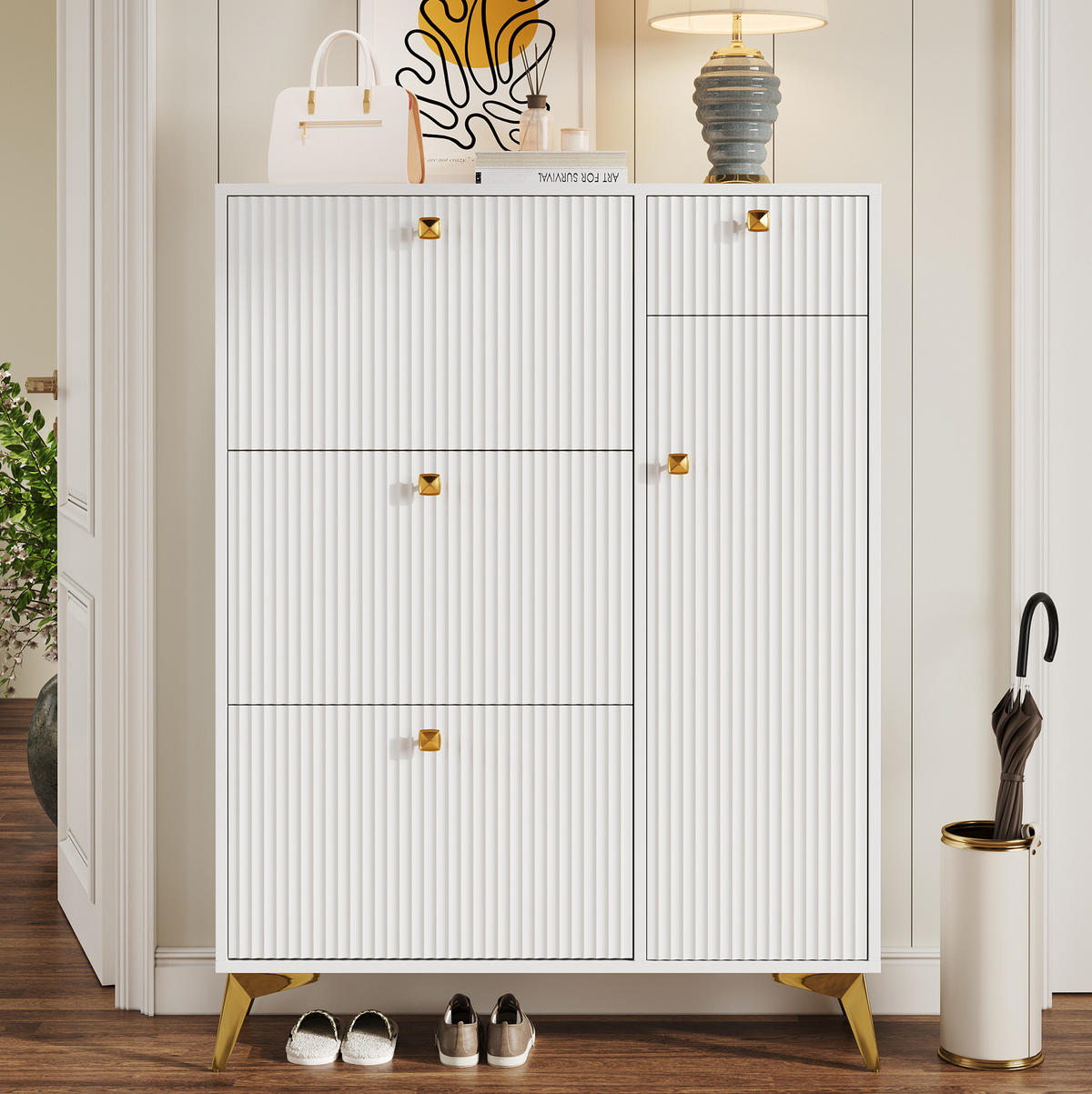SCHUHSCHRANK 90/25/121 cm in Weiß mit 3 Klappen, Schublade und Tür - Weiß, Holzwerkstoff (90/121/25cm) - Flora Grace