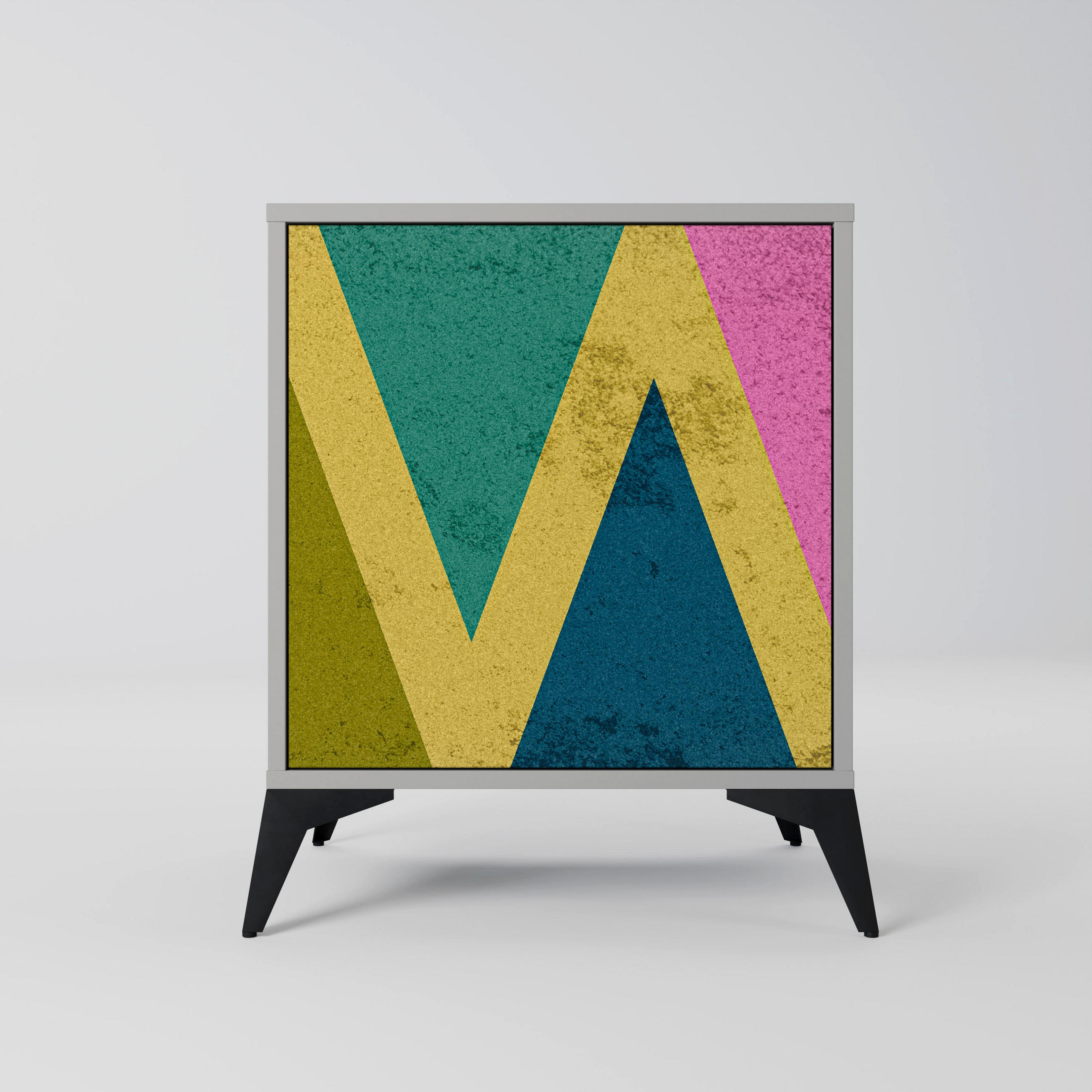 SIDEBOARD COLORFUL TRIANGLES, Grau, 57,5x42x70,5 cm, Schwarze Metall-Sternfüße - Multicolor/Schwarz, Holzwerkstoff/Metall (57.5/70.5/42cm) - SpaceRebels