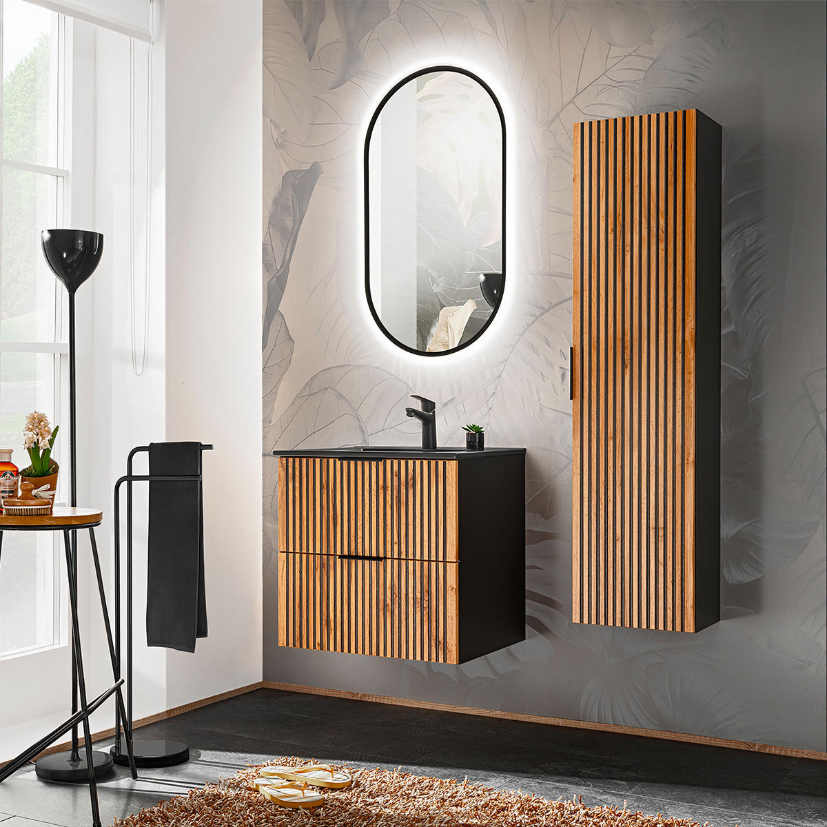 WASCHTISCH 60.2cm Gaia Holz in Eichenoptik und Schwarz - Schwarz, Holzwerkstoff (60.2/57/46cm) - Petits-meubles