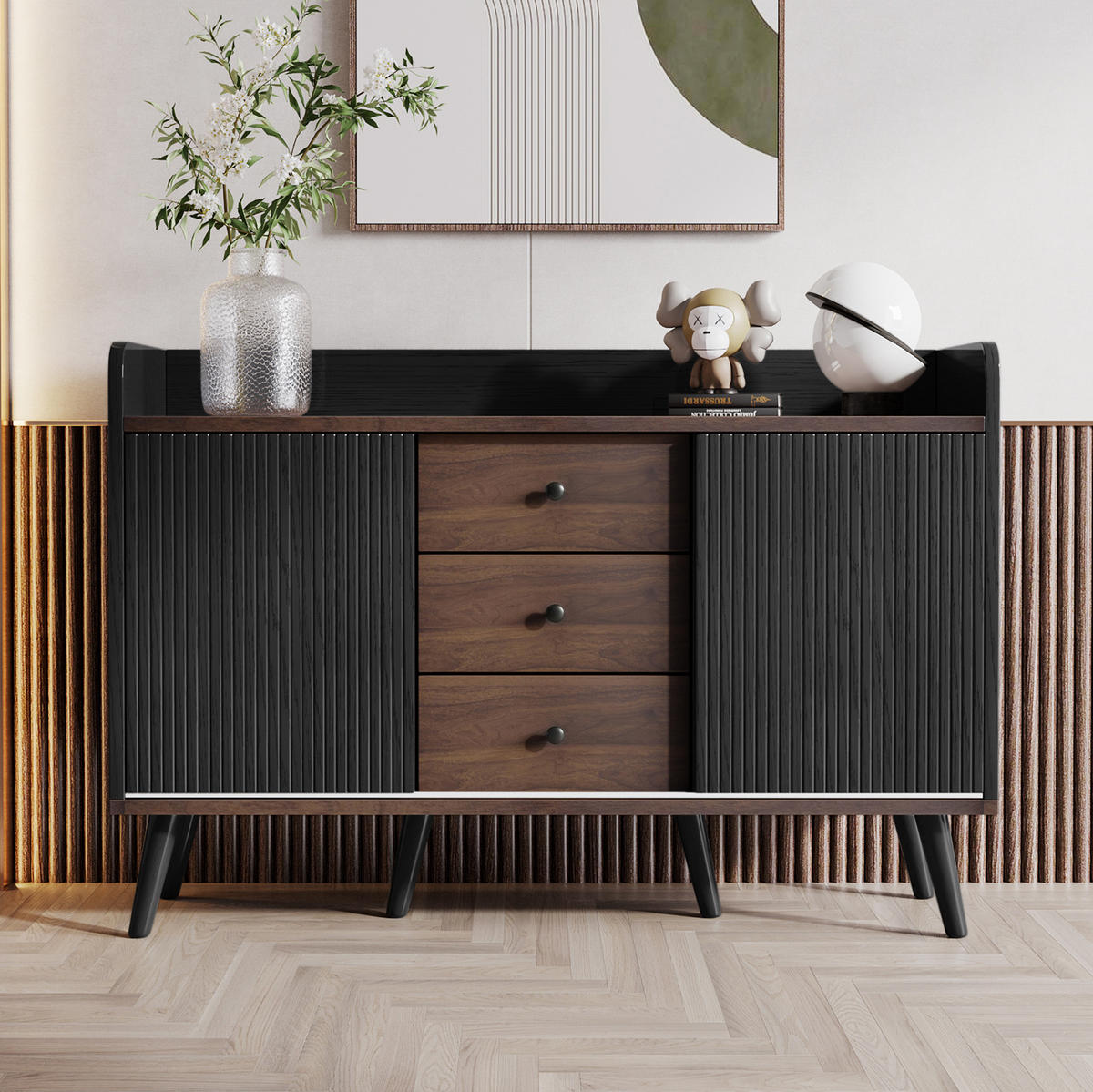 SIDEBOARD mit 3 Schubladen 117,5 x 40 x 80 cm Schwarz Holzoptik - Schwarz, Holzwerkstoff (117.5/80/39.5cm) - Meubliv