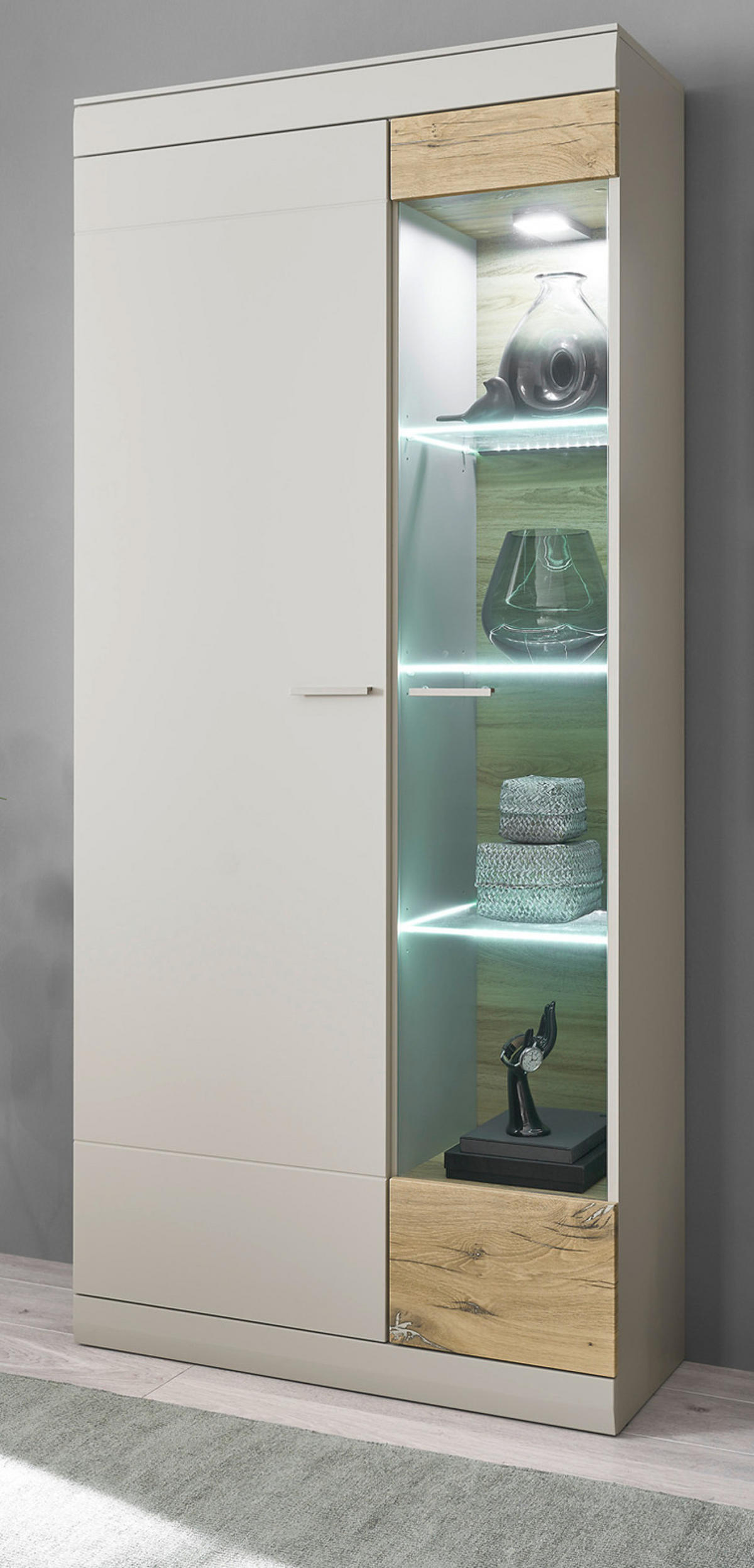 VITRINE grau matt, Zinneiche 90 cm, Vitrinenschrank mit Soft-Close - Eichefarben/Silberfarben, Glas/Holzwerkstoff (90/199/35cm) - Furn.Design