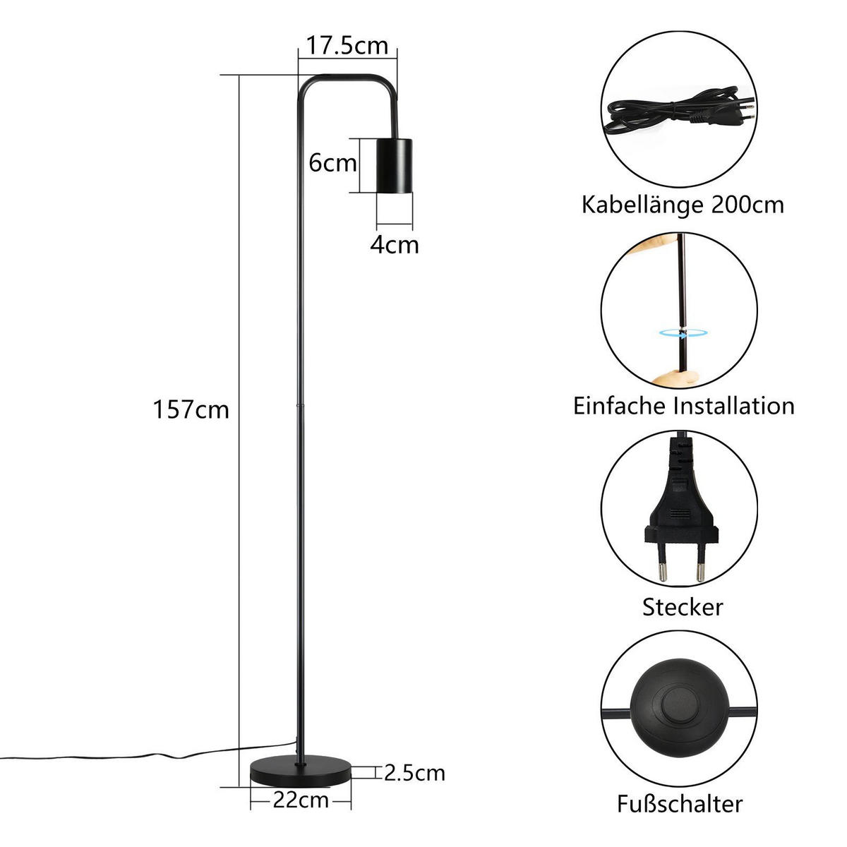 STEHLAMPE Yancey 157/28.5/28.5cm - Schwarz, Metall (157/28.5/28.5cm) - Nettlife
