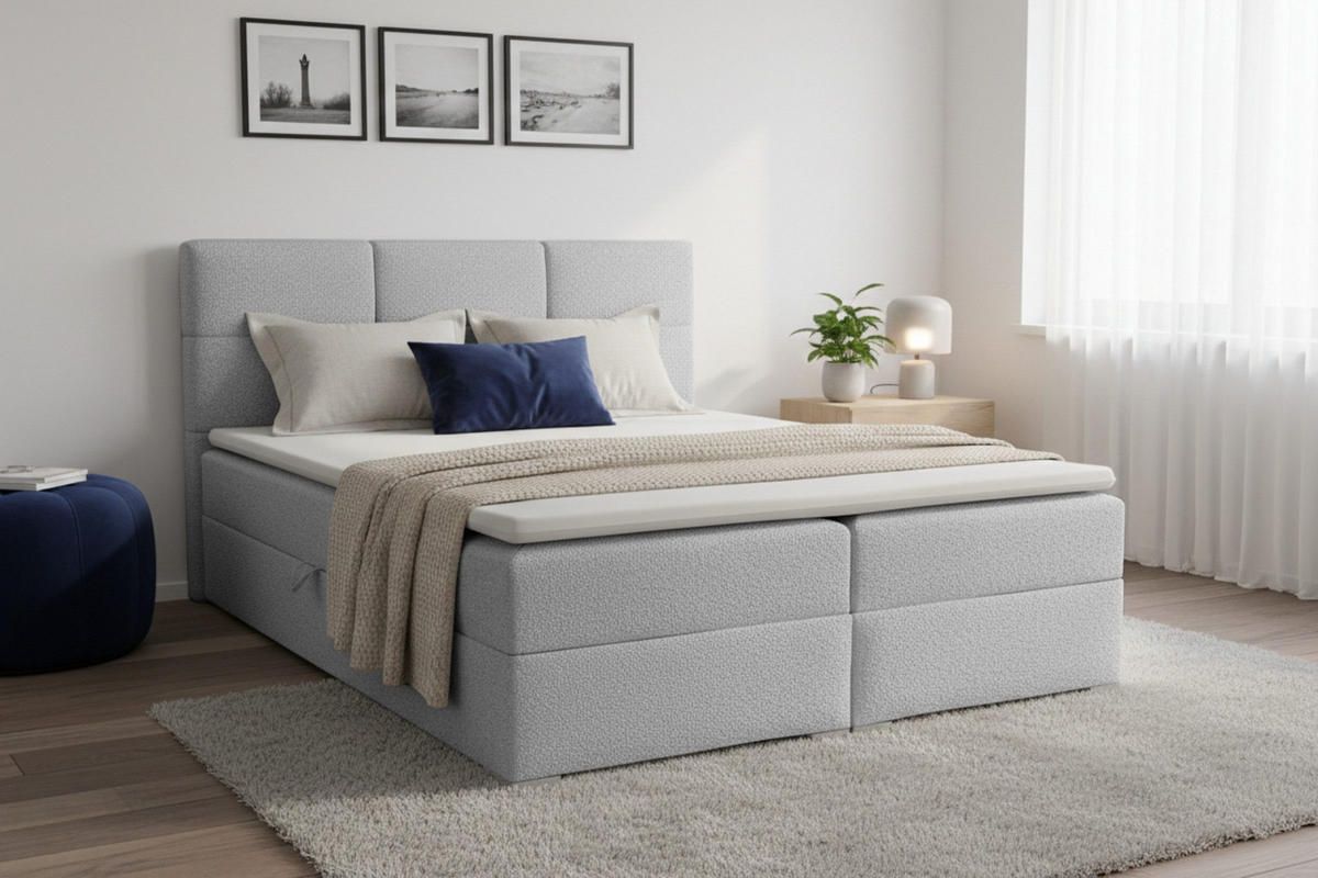 BOXBETT SUSAN LUX 160/200 in Boucle Hellgrau H4 - Hellgrau, Holz/Holzwerkstoff (160/200cm) - Deine Möbel 24