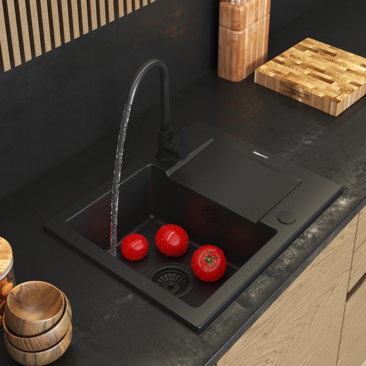 GRANITSPÜLE Fabro mit Batterie - Schwarz, Kunststoff/Stein (47/18/58cm) - Granitan